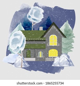 Winter night. Christmas evening. Hand drawn watercolor house and trees. Snow falling. Vector illustration.