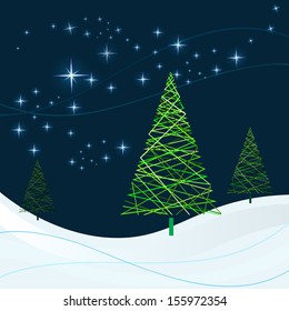 Winter night with Christmas trees vector card.