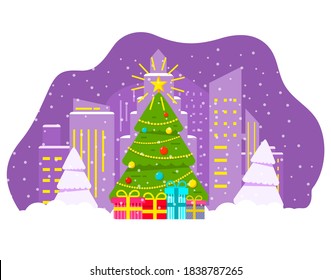 Winter night city with falling snow.Decorated christmas tree.Merry Christmas.Gift boxes.Star and balls.Festive banner.Vector flat illustration.