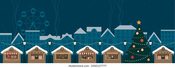 Panorama da cidade de inverno à noite. Mercado de Natal e Feira de diversão, decorações de Ano Novo. Banner horizontal de rua neve com casas europeias coloridas. Paisagem urbana da cidade da cidade da Europa. Ilustração de vetor plano