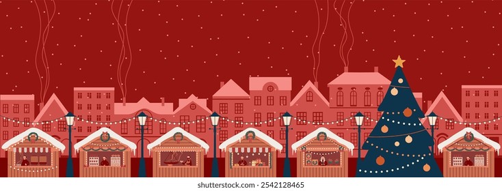 Winternacht Stadtpanorama. Weihnachtsmarkt und Fun fair, Neujahr Dekorationen. Schneebedecktes Straßenbanner mit bunten europäischen Häusern. Europa Stadt Skyline Stadtlandschaft. Flache Vektorgrafik 