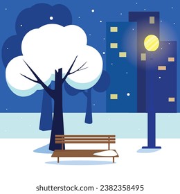 Noche de invierno en un parque de la ciudad. Ilustración del vector