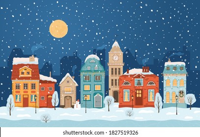 Winter night city in retro style. Christmas background with houses, moon, snowman. Cozy town in a flat style. Cartoon vector illustration.