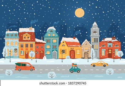 Winter night city in retro style. Christmas background with houses, moon, cars. Cozy town in a flat style. Cartoon vector illustration.