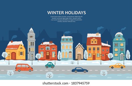 Winter night city in retro style. Christmas background with houses, cars. Cozy town in a flat style. Cartoon vector illustration.