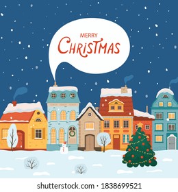 Winter night city in retro style. Christmas background with houses. Cozy town in a flat style for greeting cards. Cartoon vector illustration.