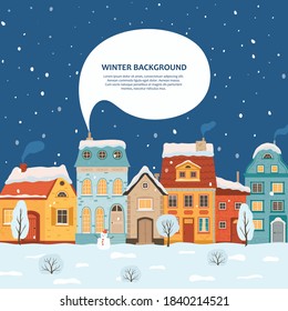 Winter night city in retro style. Christmas background with houses. Cozy town in a flat style for greeting cards. Cartoon vector illustration.