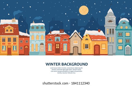 Winter night city in retro style. Christmas background with houses with space for text. Cozy town in a flat style. Cartoon vector illustration.