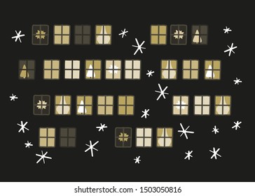 Winter night city scene with window lights clipart. Hand drawn black and beige greeting card design. Contrast white snowflakes, Christmas tree decoration and curtains illustration. 