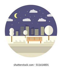 Winter night city skyline public park with bench and trees.Flat illustration vector.