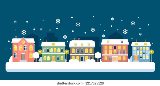 Winter night city snowy landscape. Vector illustration