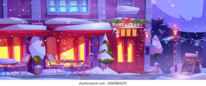 Winter night city street on Christmas eve. Vector cartoon illustration of restaurant building facade decorated for xmas holiday, piles of snow on tables and chairs, garlands on windows, retro lanterns