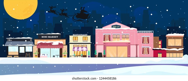 winter night city street. snow at night christmas downtown area. illustration town center business. shopping area viewing in front