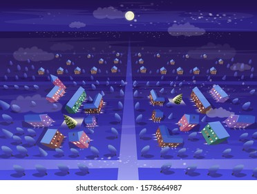  Winter night city top view. Vector Illustration in Cartoon Style.