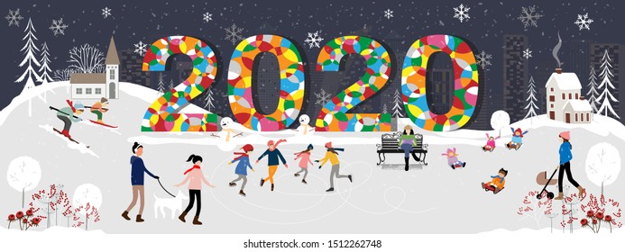 Winter night cityscape with 2020 text,Happy city celebrating on Christmas or New year boy, girls and boys playing ice skates,kids sitting on snowboard in the winter park, teenagers skiing on the hill