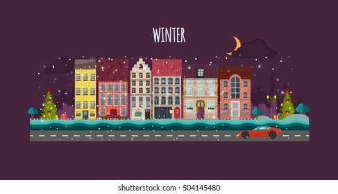 Winter night cityscape.Winter houses,road,tree.Winter in the city,christmas decor fir-trees.Greeting card,poster design. Vector illustration,EPS 10.Cityscape.Cute town Christmas eve.New year holidays.