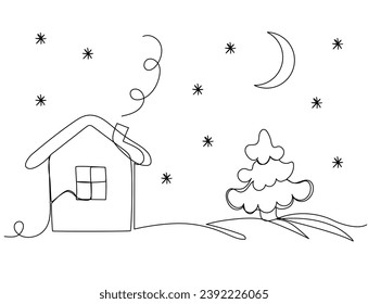 Winter night in continuous one line art style. Simple vector illustration
