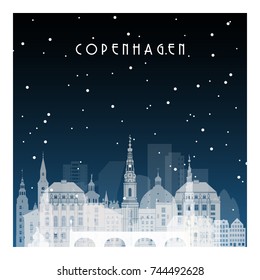 Winter night in Copenhagen. Night city in flat style for banner, poster, illustration, game, background.