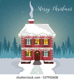 Winter night. Decorated house with garlands and icicles. Christmas card with a silhouette of the forest and the starry sky.