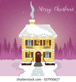 Winter night. Decorated house with garlands and icicles. Christmas card with a silhouette of the forest and the starry sky.