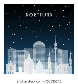 Winter night in Dortmund. Night city in flat style for banner, poster, illustration, game, background.