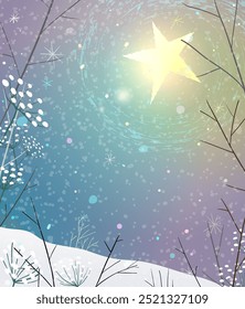 Winter night dreamy stars in sky background, frozen cold landscape with branches and flowers. Christmas or New Year nature scenery landscape. Vector background illustration in watercolor style.