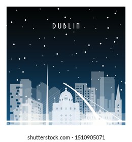 Noche de invierno en Dublín. Ciudad nocturna de estilo plano para banner, afiche, ilustración, fondo.