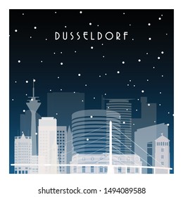 Winter night in Dusseldorf. Night city in flat style for banner, poster, illustration, background.