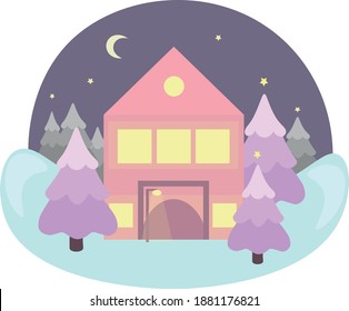 Winter night fairy forest with house, fir trees, snow, stars and moon. Vector Christmas illustration in cartoon style for cards and invitations. blue, lavender, pink and yellow colors