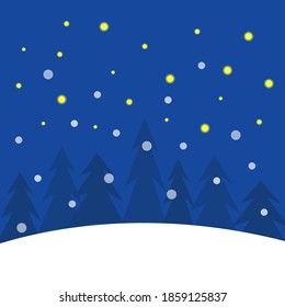 Winter night falling snow stand tall christmas trees and shine bright stars in the blue sky cold season concept wallpaper for design