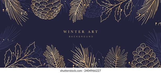 Winter night festival background vector illustration. Luxury pinecone, pine leaves, holly, glitter gold texture on navy blue background. Design for poster, wallpaper, banner, card, decoration.