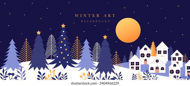 Winter night festival background vector illustration. Luxury pine tree, house, moon, twinkling star, snow hill on navy blue background. Design for poster, wallpaper, banner, card, decoration.