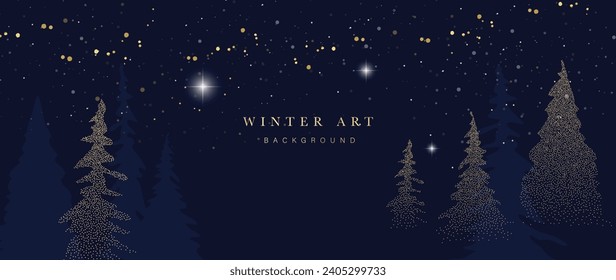 Ilustración vectorial de fondo del festival de invierno nocturno. Textura de pinar de lujo, estrellas brillantes, reluciente en un fondo azul marino. Diseño de afiches, papel pintado, banner, tarjeta, decoración.