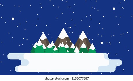 Winter night flat design landscape with mountains and Christmass trees in snow. Falling snowflakes