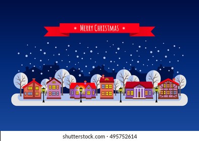 Winter night. Flat style vector illustration of Christmas town. New year and Xmas Holidays design.