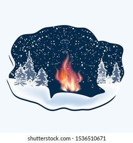 Winter night forest - bonfire with a bright flame, falling snow, snowdrifts - icon isolated on a white background - vector. Rest at nature. Travel poster.