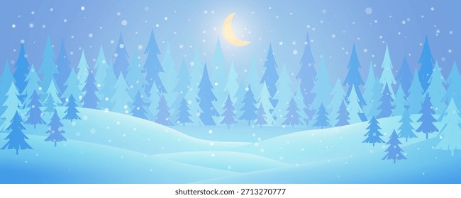Bosque nocturno de invierno con luna creciente, nieve caída y pinos azules. Fondo del paisaje de un país de las maravillas congelado con la nieve y los abetos. Ilustración vectorial editable.