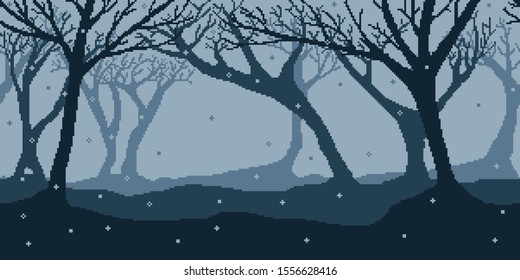Winter night forest - horizontal seamless pixelated backdrop for 8-bit games. Can be used as pixel background for creating levels, wallpapers etc.