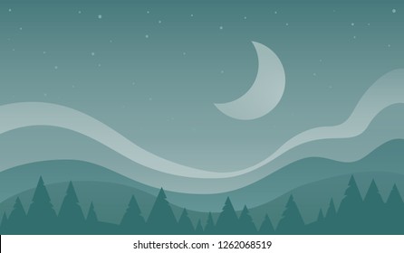 Winter night in the forest landscape, light blue gradient vector illustration.