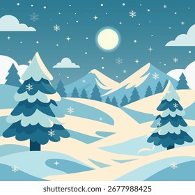 Winter night forest landscape with the moon on the background of fir trees, snow. Vector illustration is perfect for postcards, winter landscapes and atmospheric holiday designs