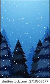 Winter night forest scene with dark evergreen trees and sparkling snowfall on a blue background, perfect for holiday and Christmas themes and a peaceful winter wonderland.