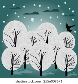 Winter night forest. It's snowing. Trees in the snow. The crow is sitting. Vector illustration.