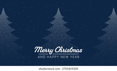 Winter night forest with starry sky and Merry Christmas and Happy New Year text. Holiday greeting card design.