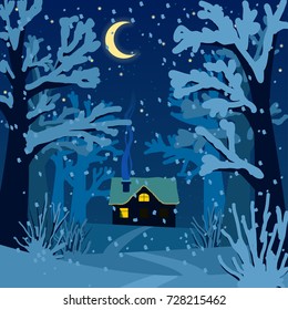 Winter night forest. Vector illustration with silhouettes of trees, bushes, snow, snowflakes, house and moon