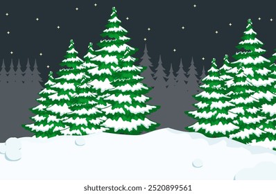 Vista del bosque de la noche del invierno, lugar al aire libre del Ocio. Paisaje de invierno con nieve. Fondo nevado.