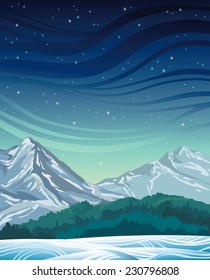 Winter night with frozen mountains, green forest and starry sky. Nature vector landscape.