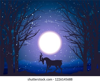 winter night and full moon over forest and deer vector illustration. nature landscape, snowfall