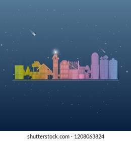 Winter night at happy village, stock vector