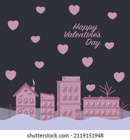 A winter night, with heart shapes in the sky. Happy Valentine's day square banner. Love day postcard with pink town in the snow. Flat landscape with homes and trees. 14 february day. Pink houses.