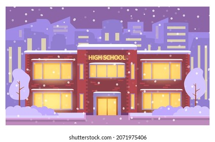 Winter night high school building.Education concept.Vector flat illustration.